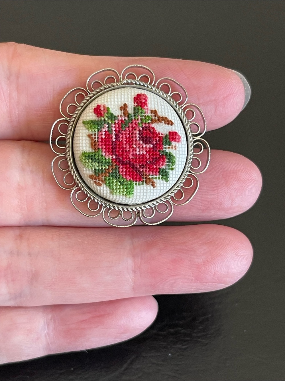 Vintage Handcrafted Red Rose Cross-Stitch Brooch